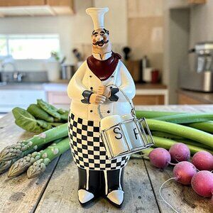 Italian Chef Checkered Apron Holding Metal Basket w/Salt & Pepper Shakers 10"